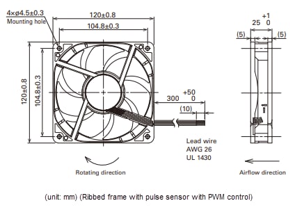 Mechanical Drawing - Sanyo Denki 120W 9WPA High Airflow, Splash Proof DC Fans